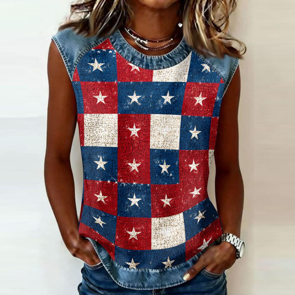 Women Sleeveless Pullover Tank Top Casual Round Neck Star Print Shirt Lightweight Summer Blouse Relaxed Fit