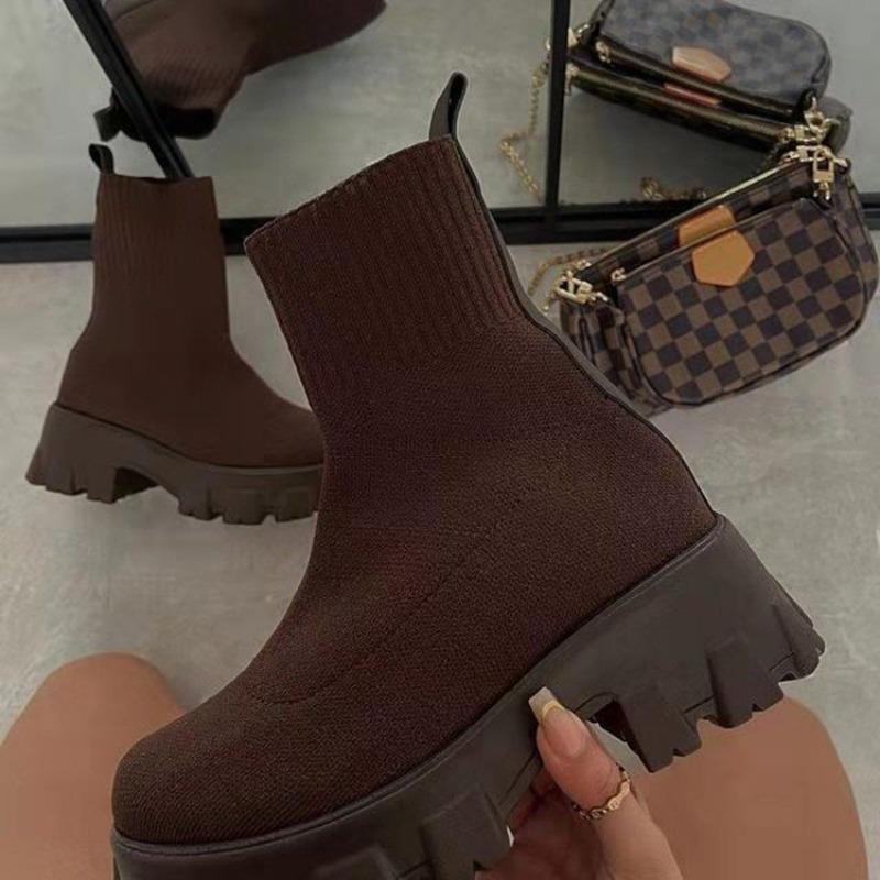 Large Size Medium Tube Elastic Boots for Women's Autumn and Winter New Thick-soled Fly-woven Socks and Short Boots for Women