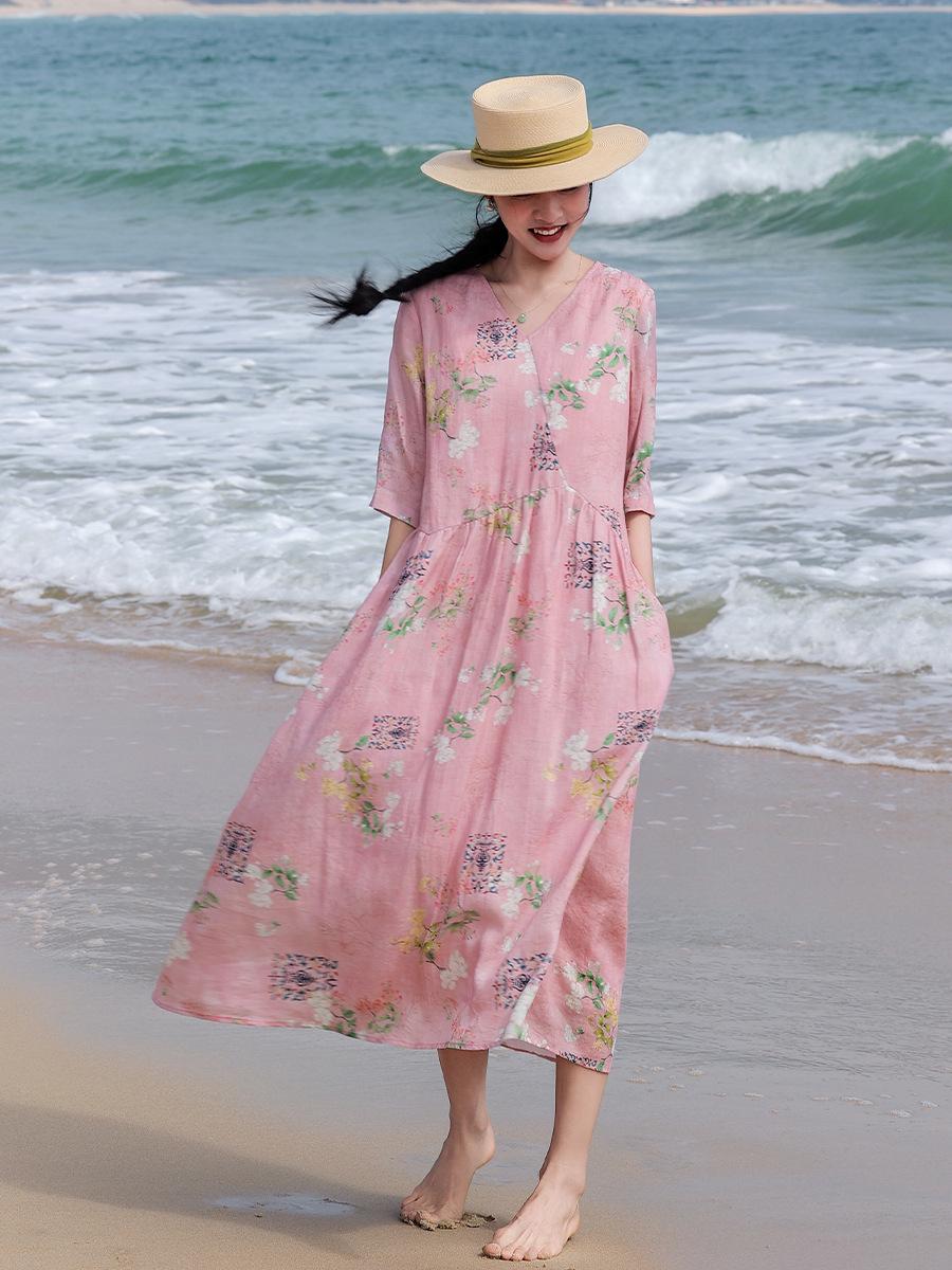 Elegant Women s V-Neck Loose Ramie Dress - Artistic National Print, Irregular Hem, Slimming Style, Summer 2026 Collection XL