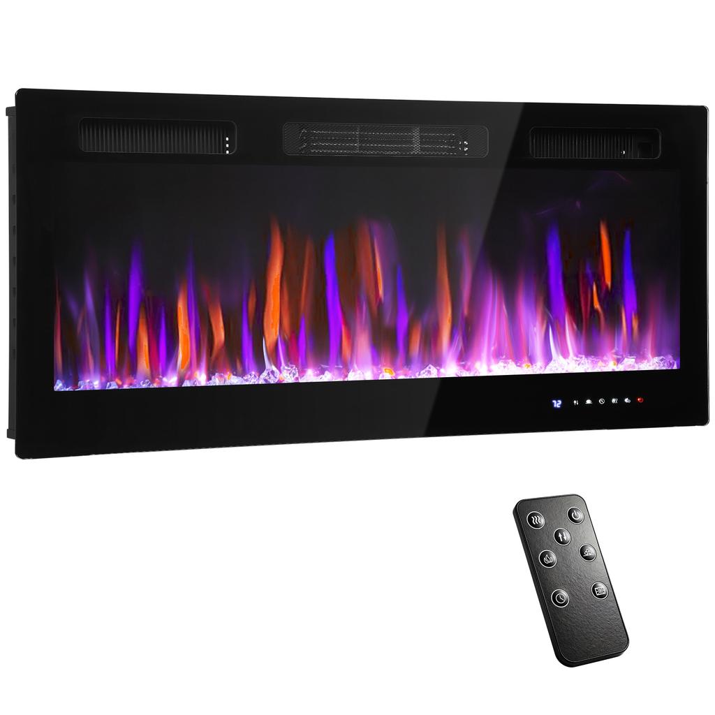 Wall-mounted or Built-in Electric Fireplace 900W/1800W, Flame Effect with 12 Colors 5 Brightness Levels, 106.7x9.4x47cm, Black