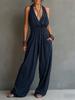 Damen Neckholder Jumpsuit mit weitem Bein Unifarben Tasche Lässiger lockerer Schnitt Rückenfrei Strampler