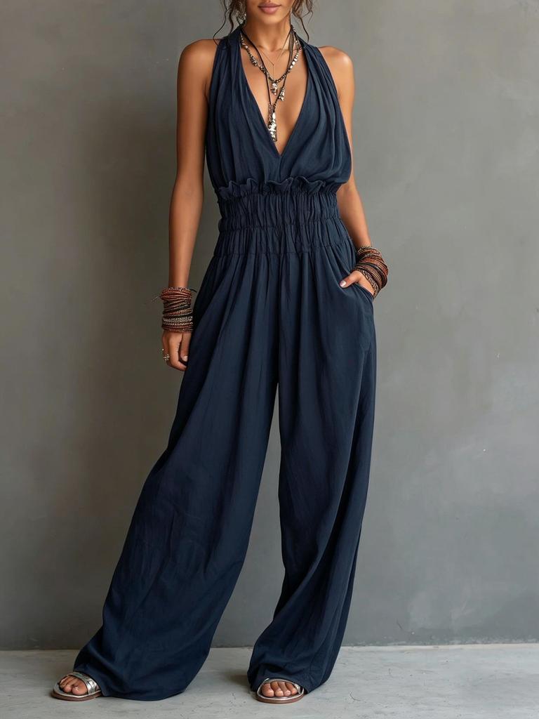 Damen Neckholder Jumpsuit mit weitem Bein Unifarben Tasche Lässiger lockerer Schnitt Rückenfrei Strampler