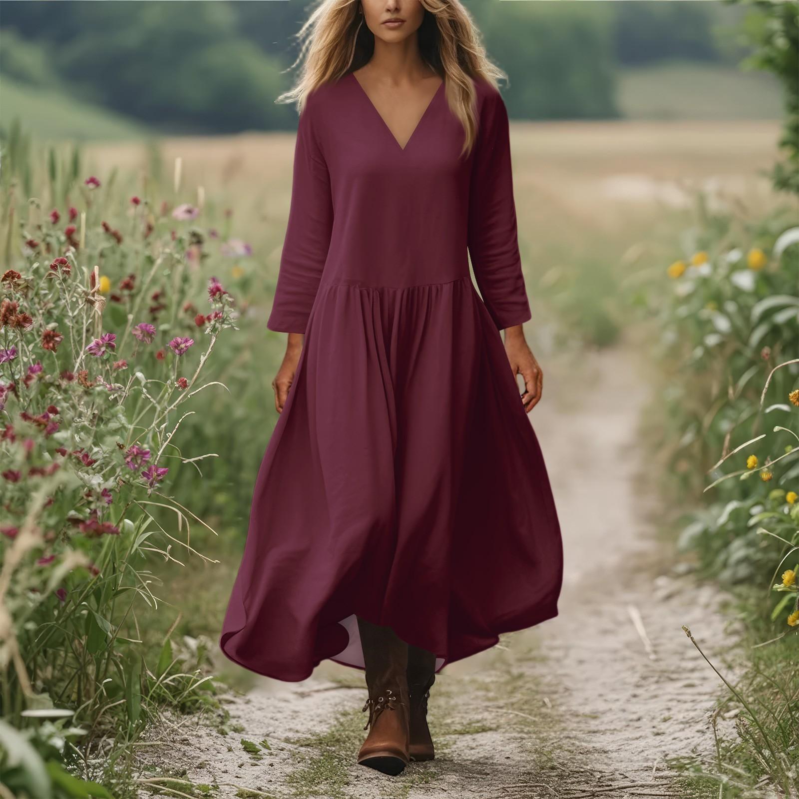 

Женское повседневное и модное платье с круглым вырезом и длинными рукавами средней длины XL винный