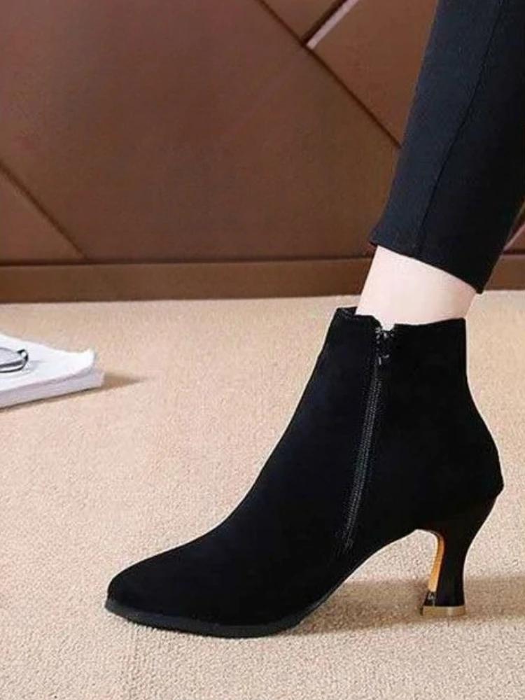 Fashion Booties Heeled Black Solid Color Ankle Boots for Women Rhinestone New In Fashion 2025 On Promotion Trend Sale Woman Short Shoes