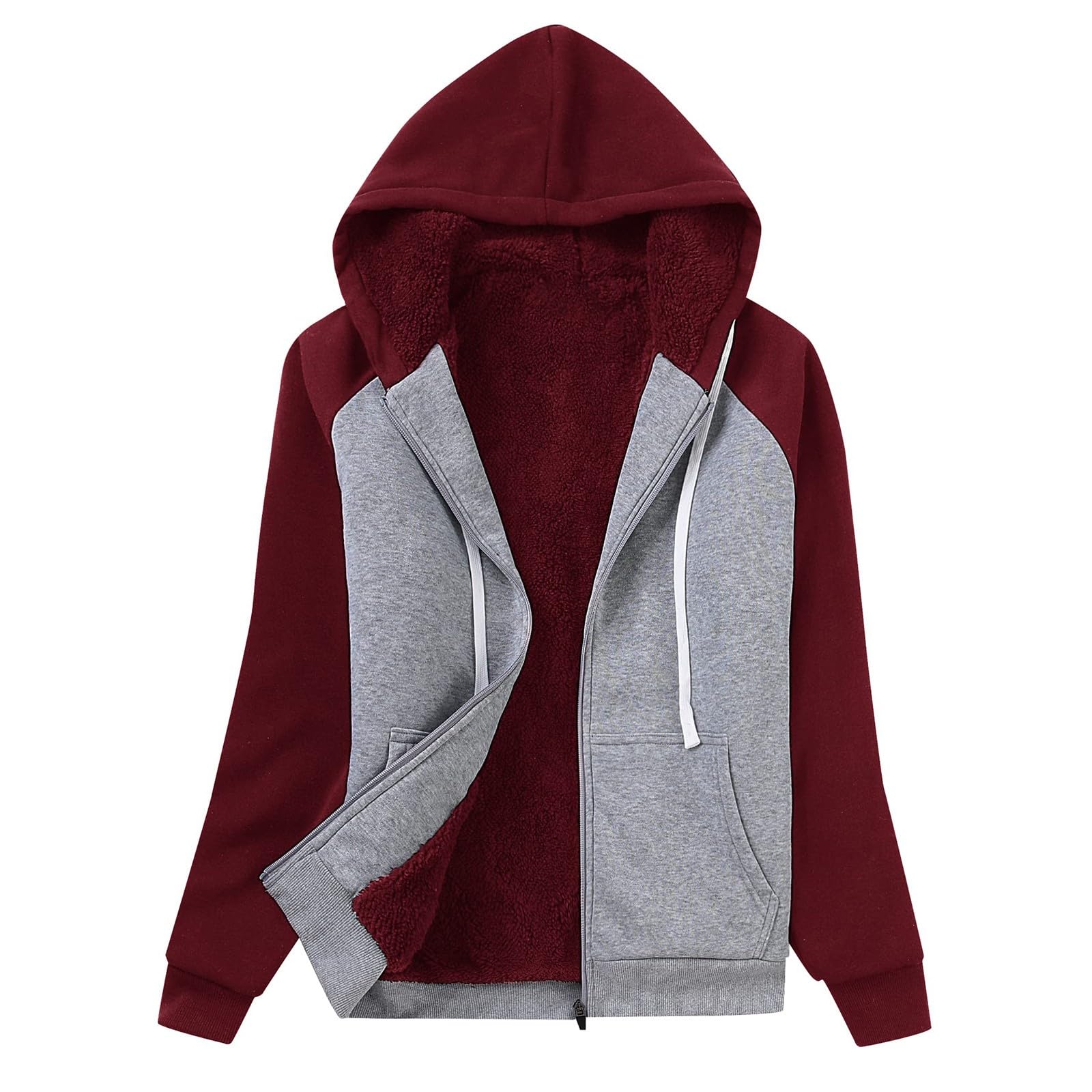 

Women s Color Blocked Fashionable Loose Zipper Hooded Sweatshirt Jacket S винный