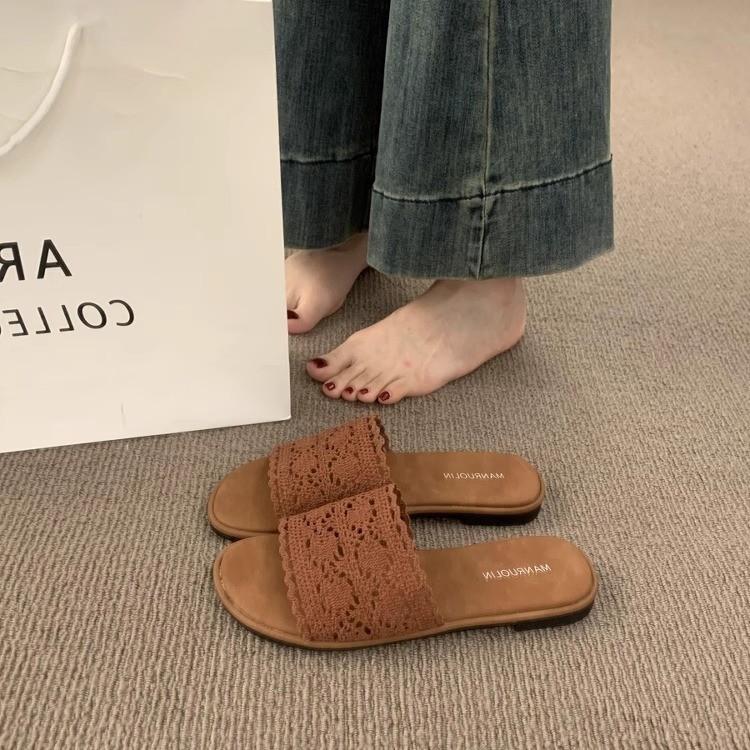 Vintage Casual Flat-bottomed Woven One-word with Open-toed Slippers for Women's Summer Wear Bohemian Seaside Vacation Beach Shoes