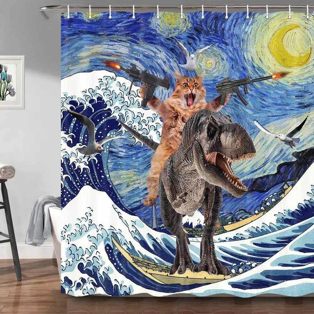 

Shower Curtain, Funny Cat Riding Dinosaur Fishing Waterproof Polyester Bathroom Curtain With Hooks, Creative Ocean Wave Decorati W60H190(CM)-1 Pcs