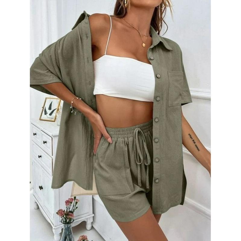 Fashion Shorts Two-piece Solid Color Shirt Suit Women's Casual Loose Short-sleeved Single-breasted