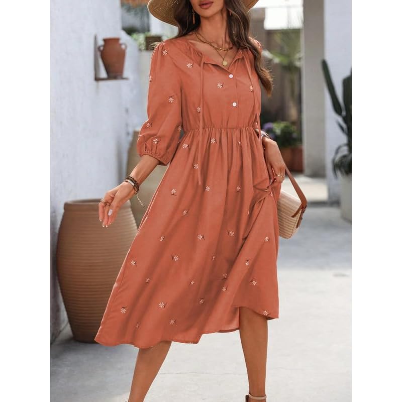 SMOWKLY Cotton Blend Women' Casual Embroided Dress MidLength Maxi Dress for Woman Stylish Frocks for Women One Pie