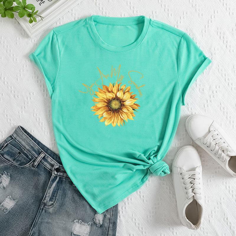 

Летний женский модный повседневный свободный топ из хлопка с принтом подсолнухов и короткими рукавами с круглым вырезом 3XL