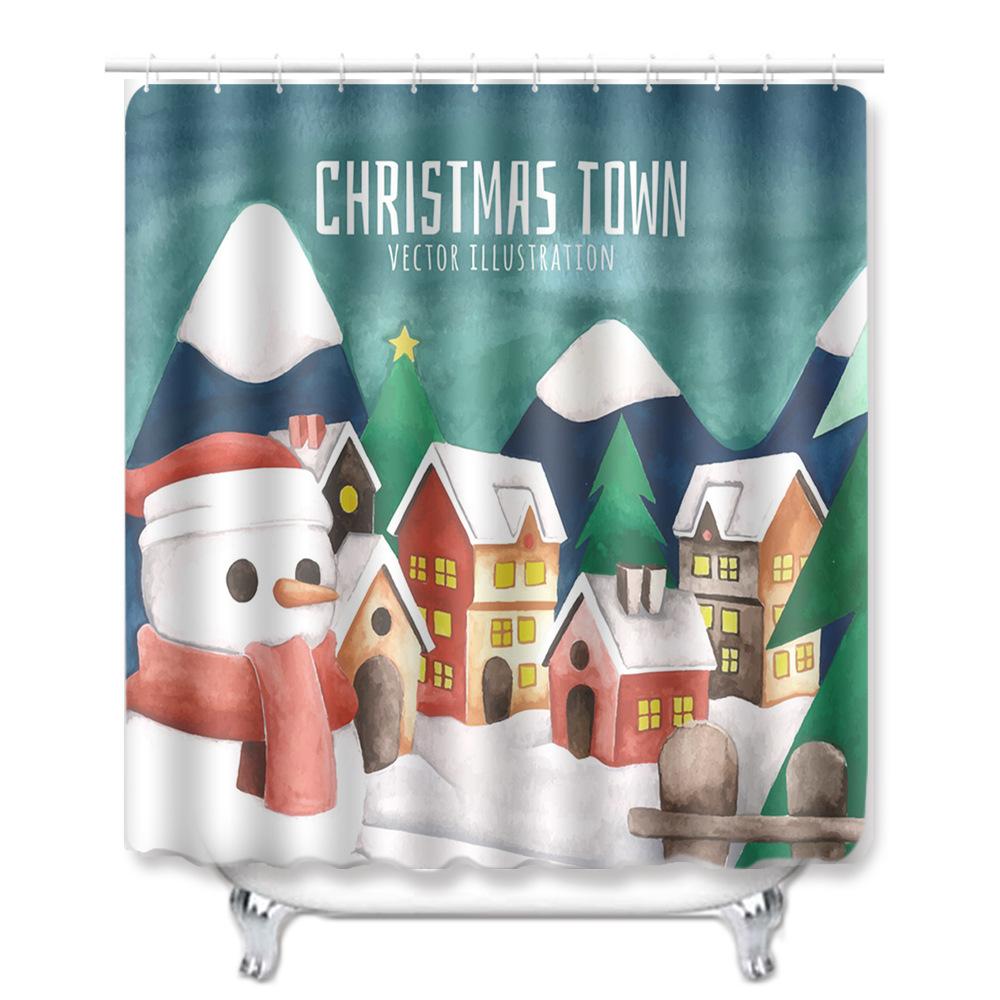 Christmas Shower Curtain Floor Mat Combination Four-Piece Bathroom Non-Slip Door Mat Foot Mat Bedroom Living Room Carpet