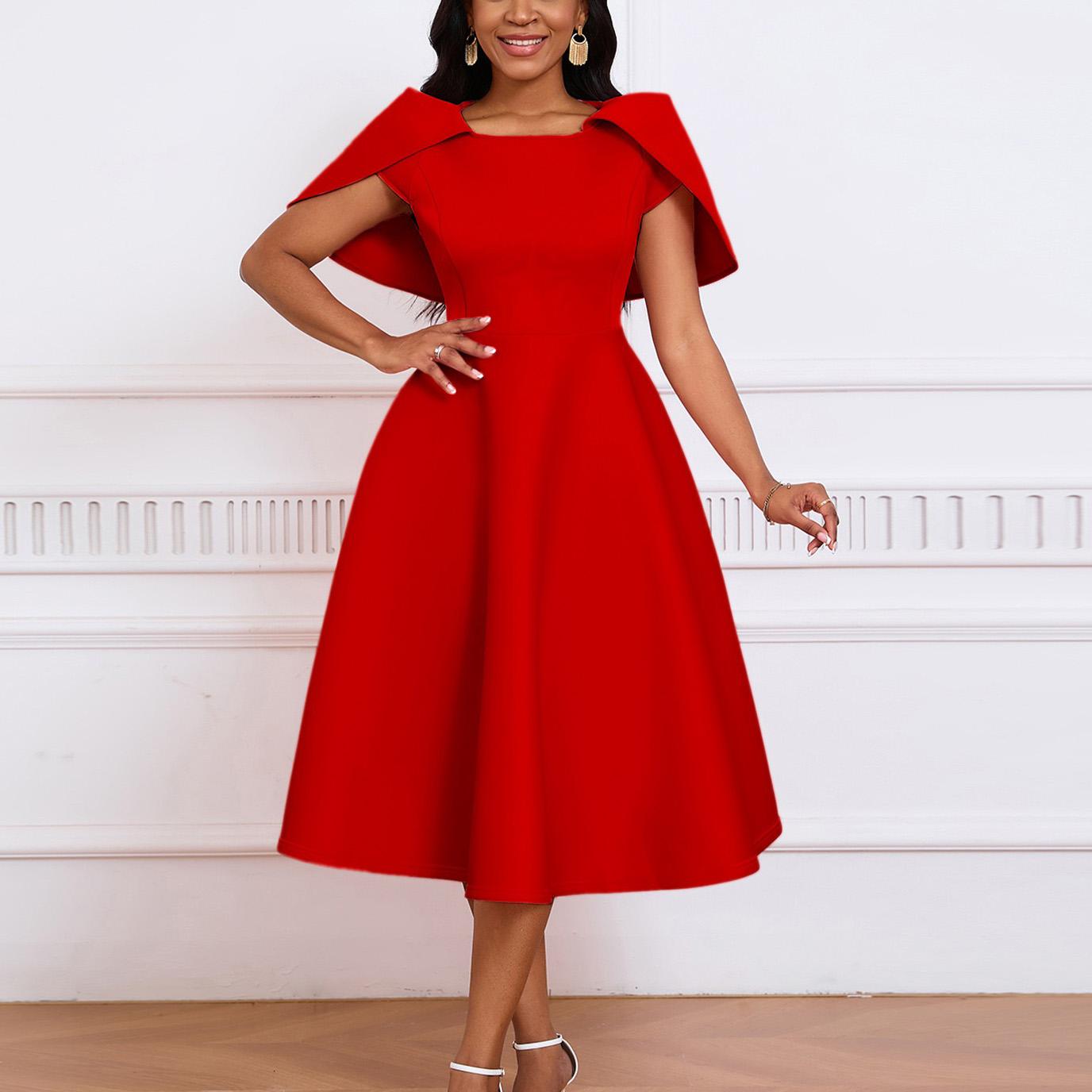 

Solid Color Party Dresses for Woman O Neck Cloak Sleeve High Waisted A Line Dress Elegant Plus Size Xxxl Vestidos Mujer Dress S красный