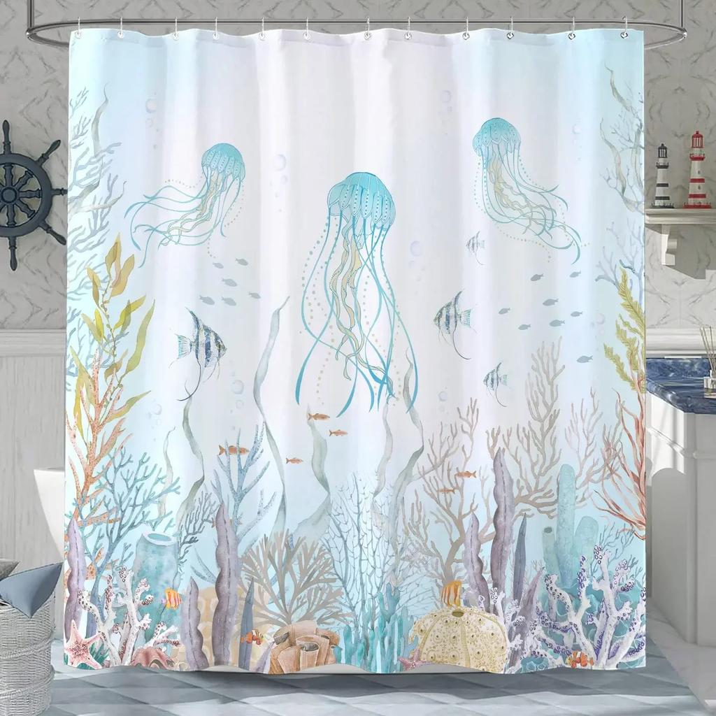 Manet Duschdraperi Blå Magisk Undervattens Havsliv Duschdraperier Roliga Akvatiska Badrumsdraperier Badskärm, Vattentät