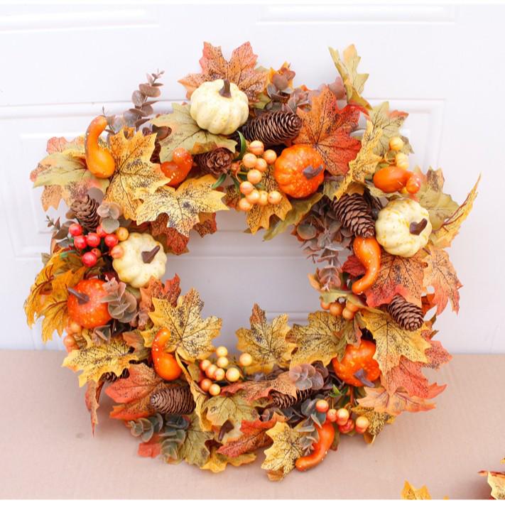 Thanksgiving Pumpkin & Pine Cone Wreath: Autumn Door & Window Decor with Berry, Maple Leaf, Vine, and Wall Ornament