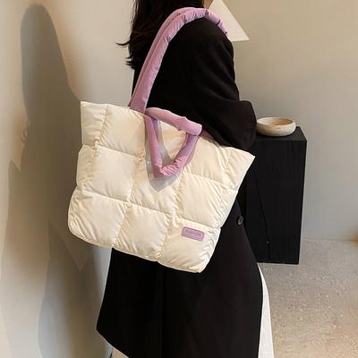 Women Down Padding Tote Bag Solid Color Checkered Quilted Handbag Large Capacity Casual Autumn Winter Female Bag