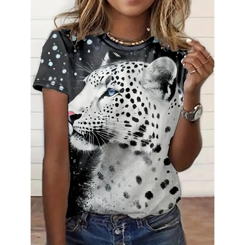 Casual Women's T-Shirt Summer Round Neck Short Sleeve Leopard Pattern Print Outdoor Female T Shirts Fashion oversize Clothing