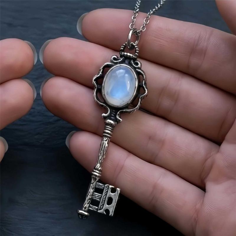 Gothic Moonstone/Black Stone Pendant Necklace With Skull Key Charm For Women Trendy Jewelry Accessory