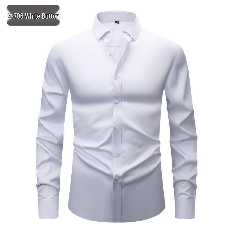 Men's White Four-Way Stretch Wrinkle-Resistant Long Sleeve Shirt - Formal and Casual Plus Size