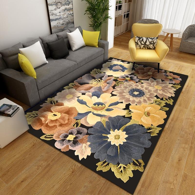 3D Flower Printing Carpet Large Area Rug Living Room Bedroom Non-Slip Retro Floral Pattern Floor Mat Bedside Sofa Home Decor