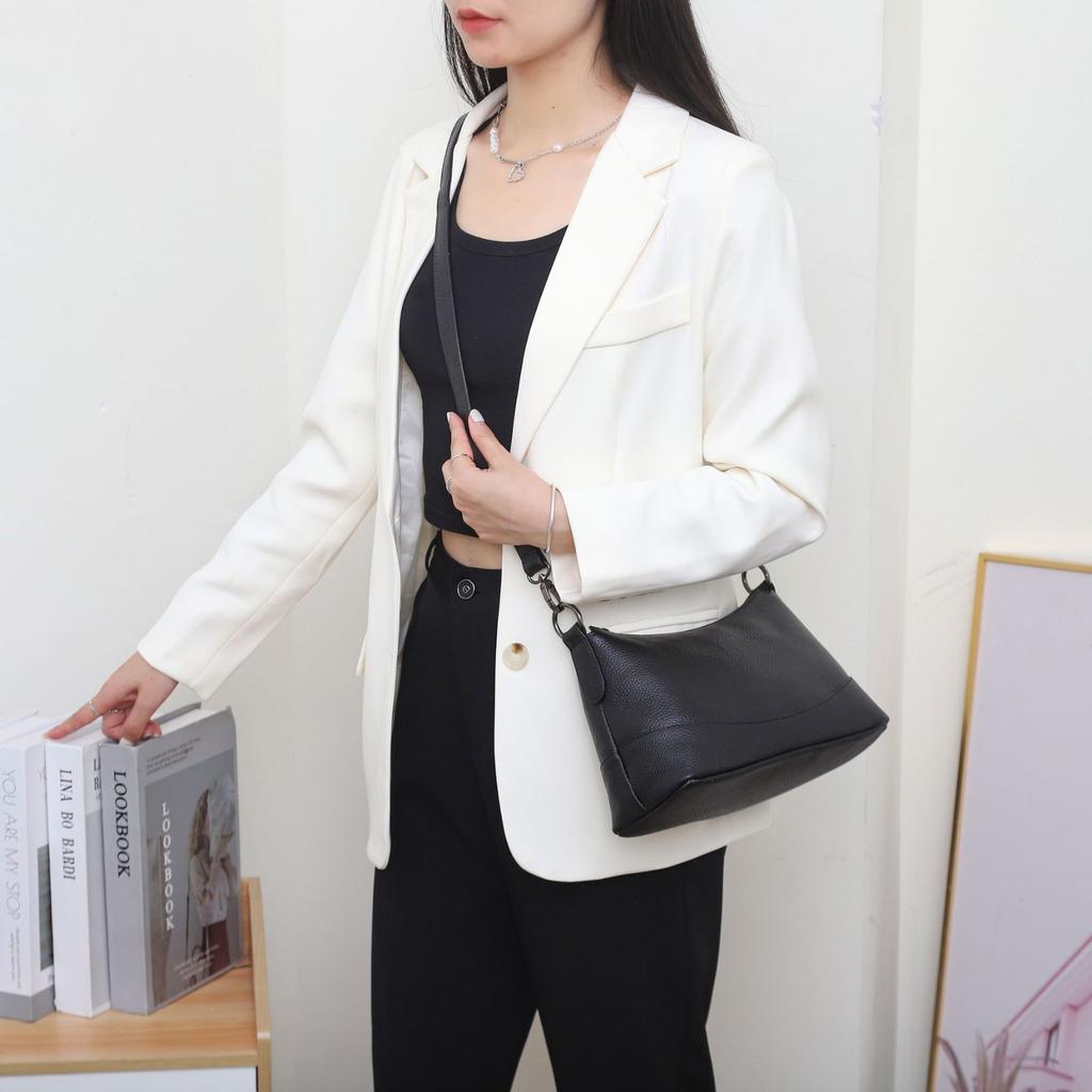 Cowhide Women Single Shoulder Crossbody Simple Multi-compartment Dumpling Bag Large Capacity Aunt Mother Bag