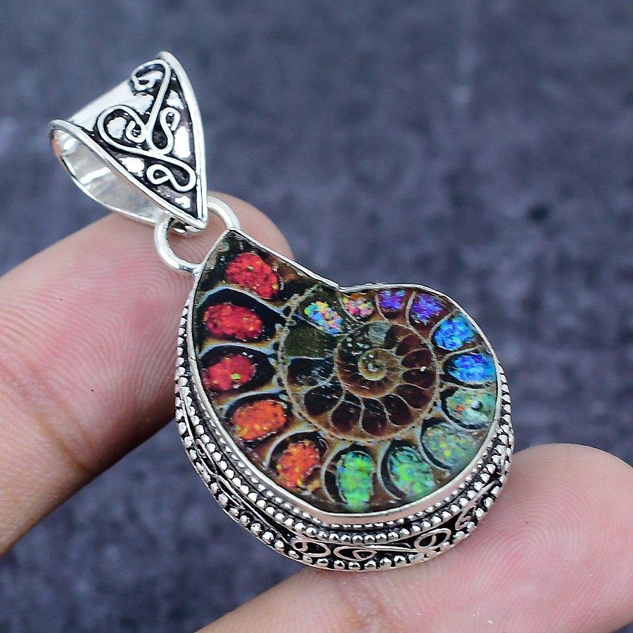 Natural Ammonite Fossil Gemstone 925 Sterling Silver Jewelry Pendant 1.85" T8v19