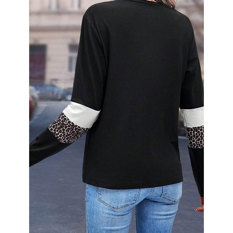 European and American Commuter Versatile Leopard Print Color Matching Long sleeves Shirt Women 2025 Autumn New Loose O-neck pullover Top