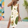 Women Plus Size Sleeveless U Neck Fruit Leaf Printed Midi Dress High Side Slit Curved Hem