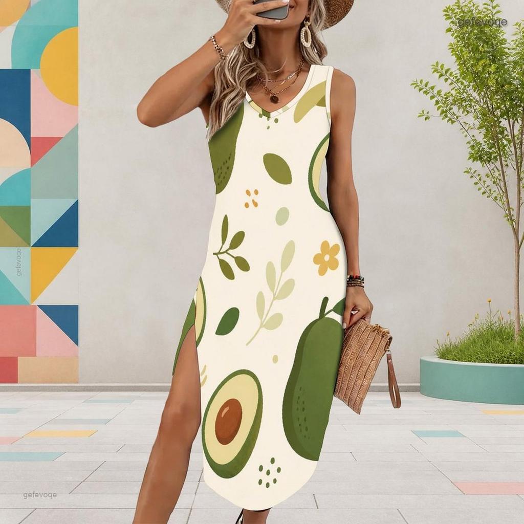 Women Plus Size Sleeveless U Neck Fruit Leaf Printed Midi Dress High Side Slit Curved Hem