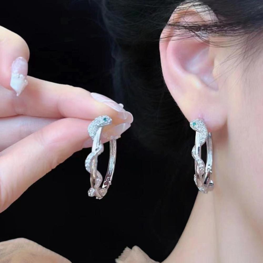 Temperament Personality Shiny Zircon Snake Winding Silver Stainless Steel Hoop Earrings for Women Exquisite Fashion Jewelry Gift