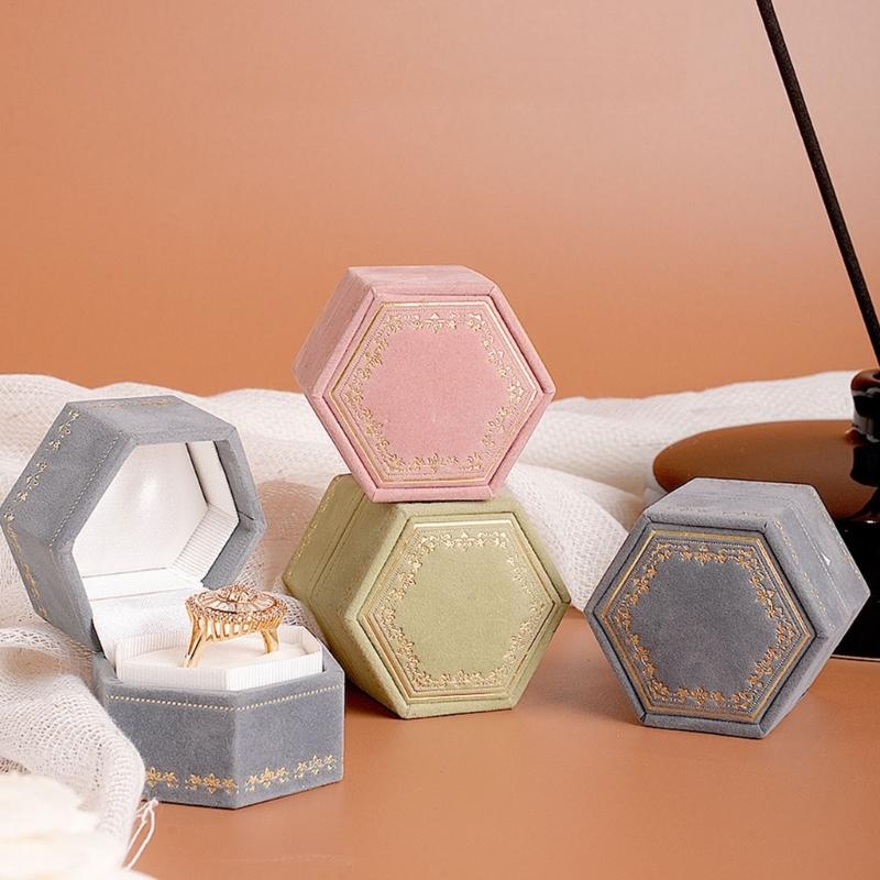 Hexagonal Ring Box with Gold-Tone Decorative Pattern, Velvety-Covered Case for Ring Storage and Gift Presentation