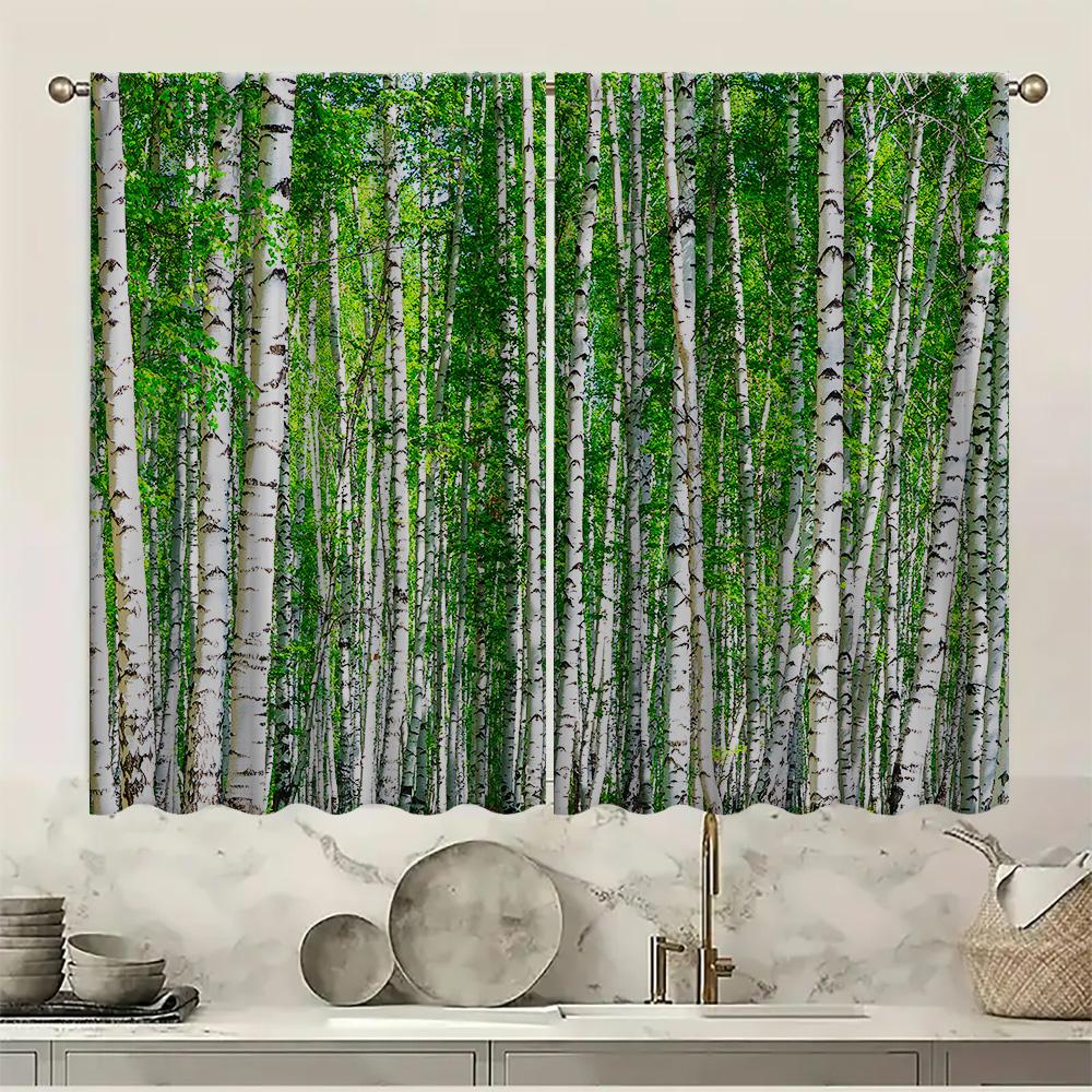 2PC Home Birch Forest Curtains With Landscape Background And Pole Pocket Curtains, Kitchen, Coffee Shop, Living Room