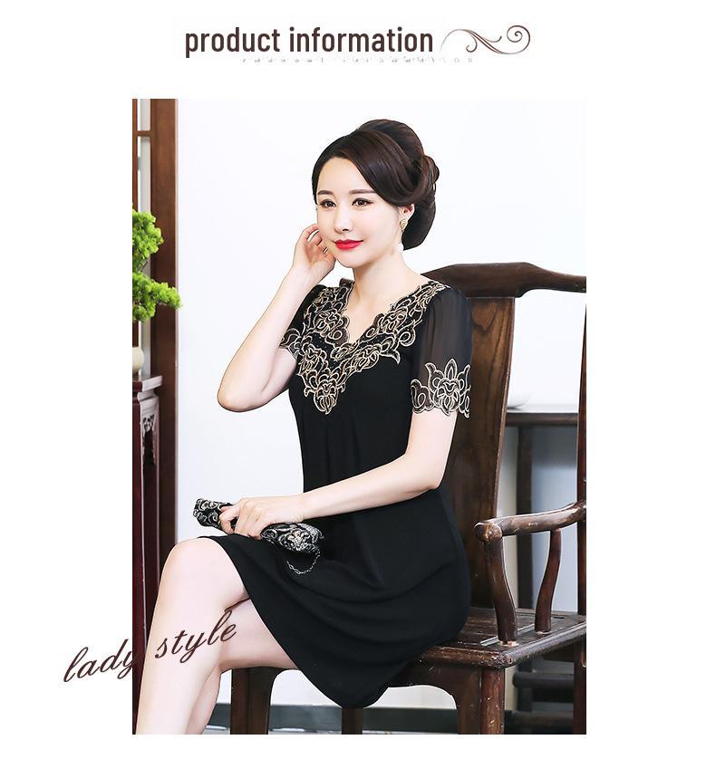 2024 Summer Chiffon Embroidered Dress: Mid-Length, Solid Color, Short-Sleeved, A-Line for Middle-Aged Women