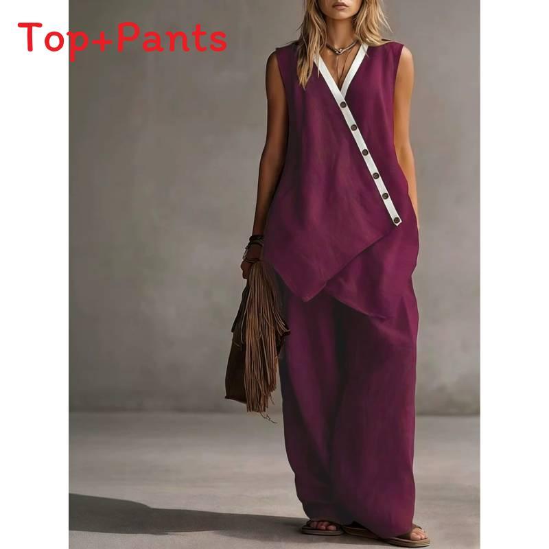 Bohemian Style Sleeveless Cotton Vest And Wideleg Pants Casual Set For Women Spring Summer