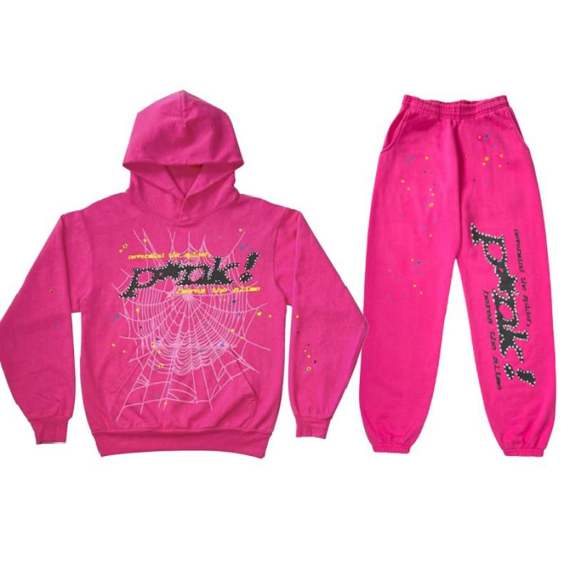 Conjunto de Moletom Sp5der Rosa V2 Feminino Streetwear Algodão Mesclado Oversized Conjunto de Treino Duas Peças Com Estampa