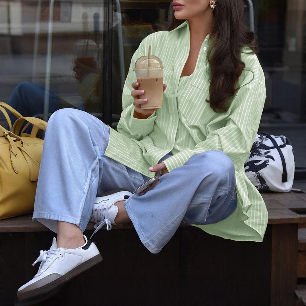 Casual Vacation Summer Striped Long-sleeved Vest Shirt Women's Autumn and Winter Lapel Pocket Fashion Top
