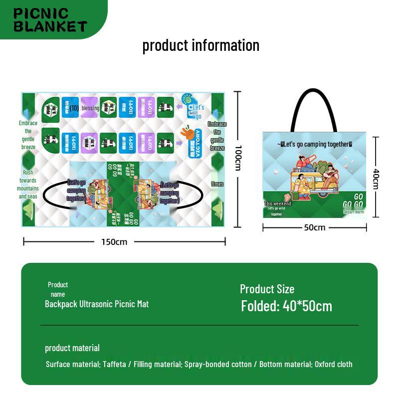 Ultrasonic Waterproof Picnic Mat with Zipper Backpack - Moisture-Proof, Thickened, Foldable, Portable Cushion.