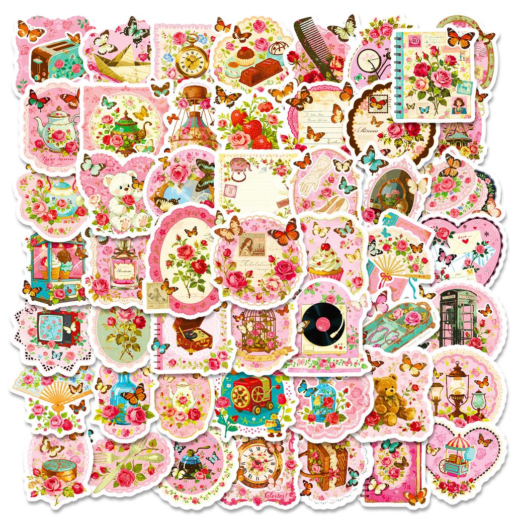 56 Pink Retro Romance Series Graffiti Stickers Decorating Envelopes Gifts Mobile Phone Roses Stickers