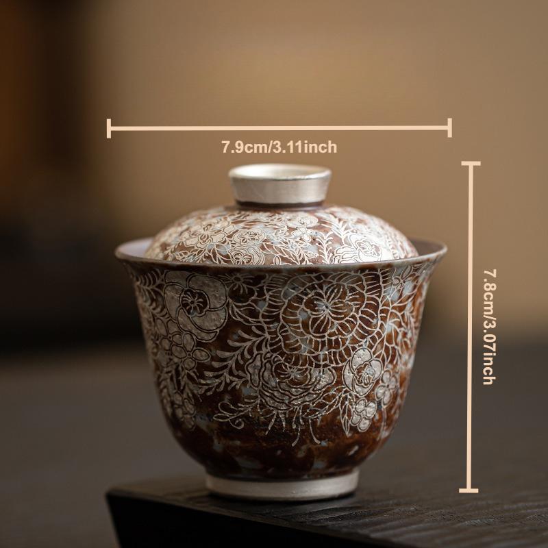

Old Rock Mud Teacups Flower Gilded Silver Gaiwan Chinese Kung Fu Teaware Stoneware Retro Tea Tureen Japanese Ceramic Drinkware 100ml