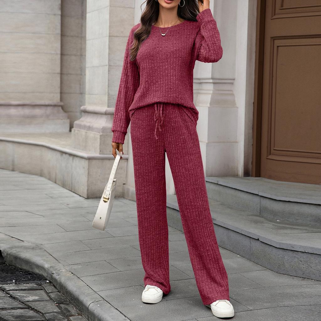 Women's Fashionable And Comfortable Round Neck Knit Long Sleeve Brushed Pants Loungewear Set