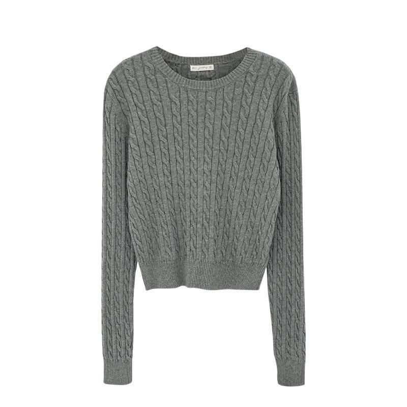 2025 Autumn/Winter Women's Slim Fit Twist Knit Grey Cotton Sweater Top