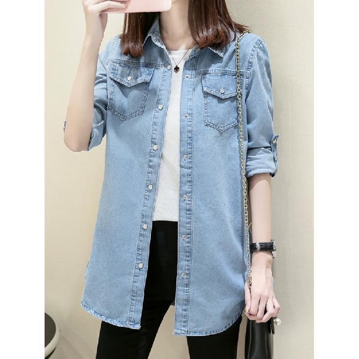 Loose Women'S Denim Shirt Long Sleeve Mid-Length Spring Autumn Fashion Thin Outerwear Versatile Top Button-Up Casual Shirt
