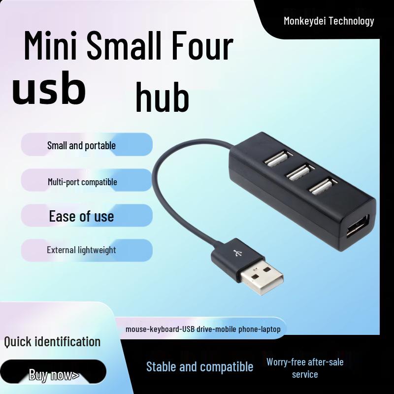 Mini Four-Port USB Hub Power Strip - Portable, Lightweight, Multi-Interface Expander Black - OPP Bag