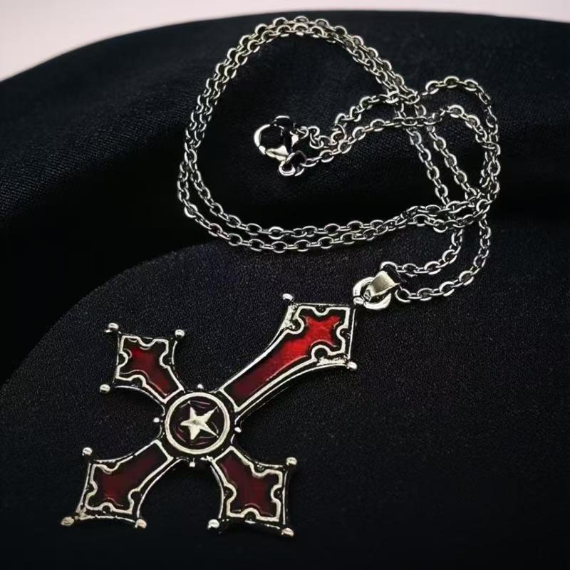 Crimson Gothic Cross Pendant Necklace Jewelry European and American Punk Style Weird Style 60CM(Necklace Long)