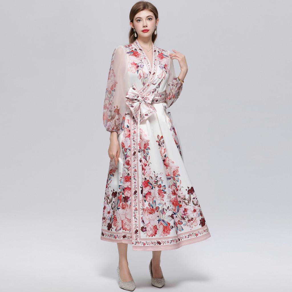 Wunderschönes Blumenwickel-Langarmkleid Damen V-Ausschnitt Laternenärmel Chiffon-Patchwork Dickes Satin-Band-Schnürgürtel Partykleid