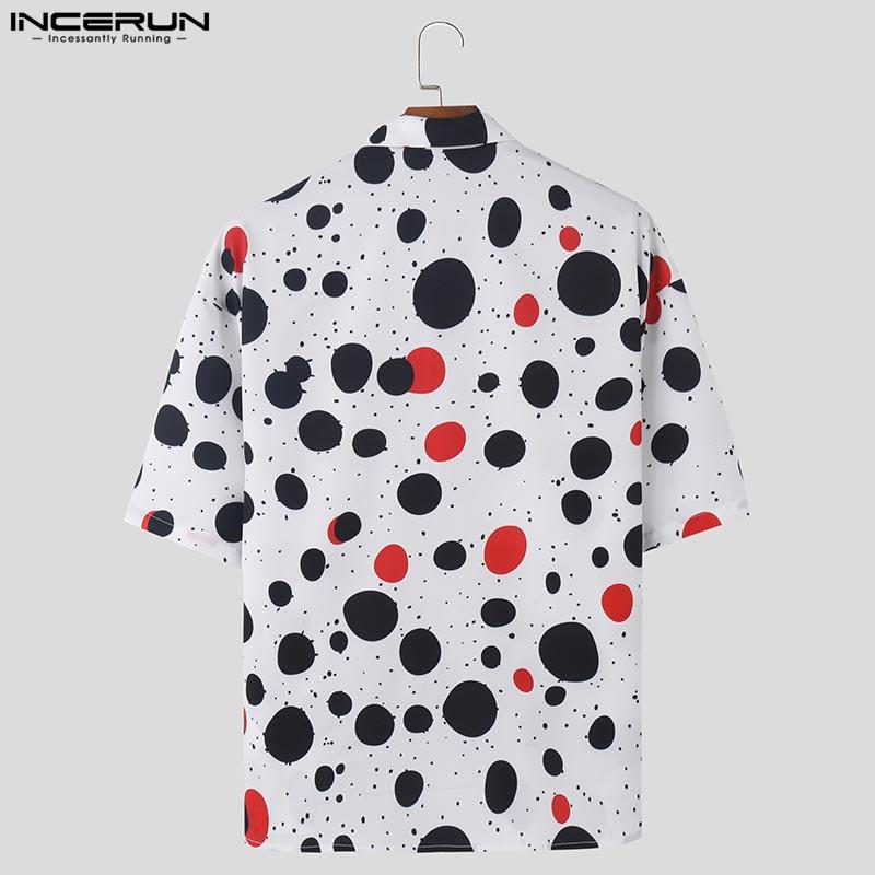 INCERUN Men Summer Lapel Neck Polka Dots Tops Casual Buttons Print Half Sleeve Shirt