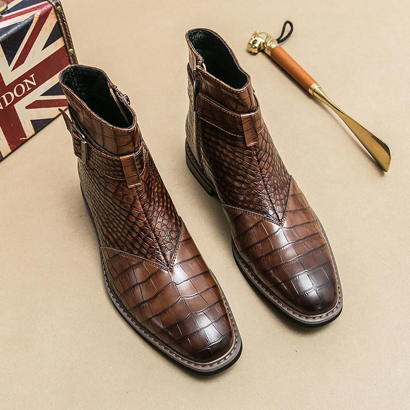 Fashion High End Banquet Formal Boots Winter Ankle Boots Men's Business Shoes Pointed Men's Genuine Leather Shoes Retro Brown