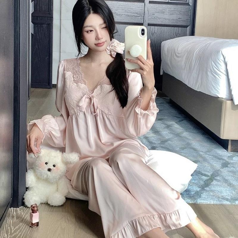1011 Spring and Autumn New Sexy Pure Ice Silk Long Sleeve Pants Pajamas Women's Thin Homewear Suit with Chest Pad