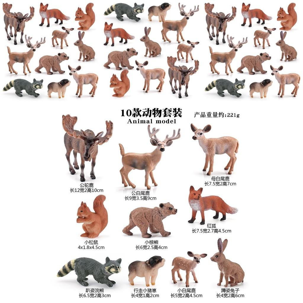 סט 10 יחידות דמויות חיות יער ריאליסטיות הכולל אייל קורא, דביבון, אייל פרדי לבן-זנב, דוב חום, שועל אדום ודגמים של ארנב לקישוט הבית