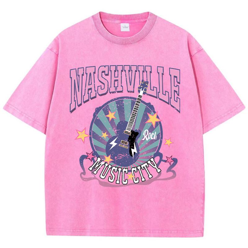 Dame Bomull Vasket T-skjorte Nashville Music City Trykk Kort Erm Sommer Oversize T-skjorte Mote Street Klær