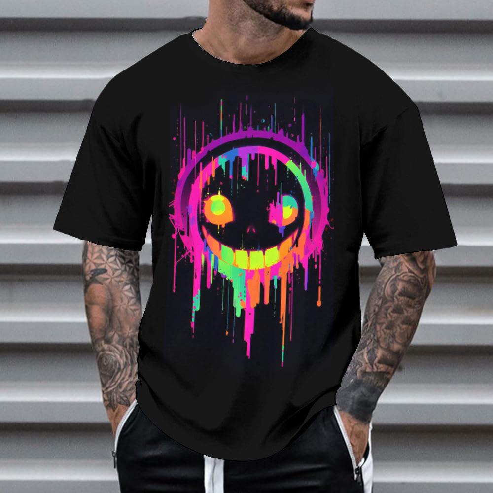 Summer Round Neck 3D Neon Graffiti Skull Graphic Print Top Fashionable Casual Short Sleeved Men's T-shirts